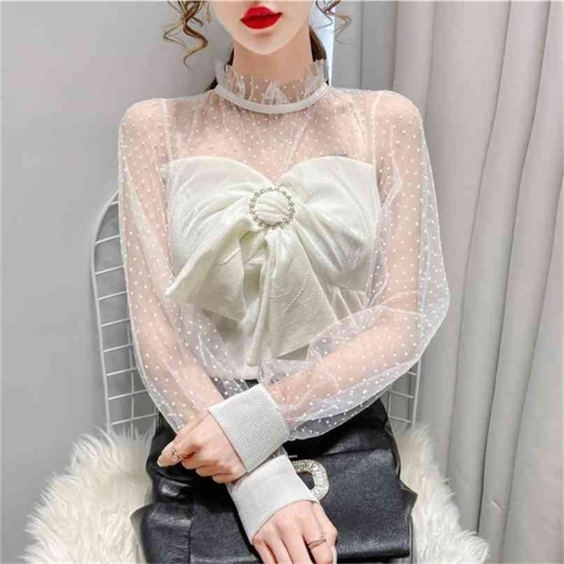 

Arrival Sweet Bowknot Dot Mesh splicing Velvet Stand collar Shirt &Blouse Women 210602, White