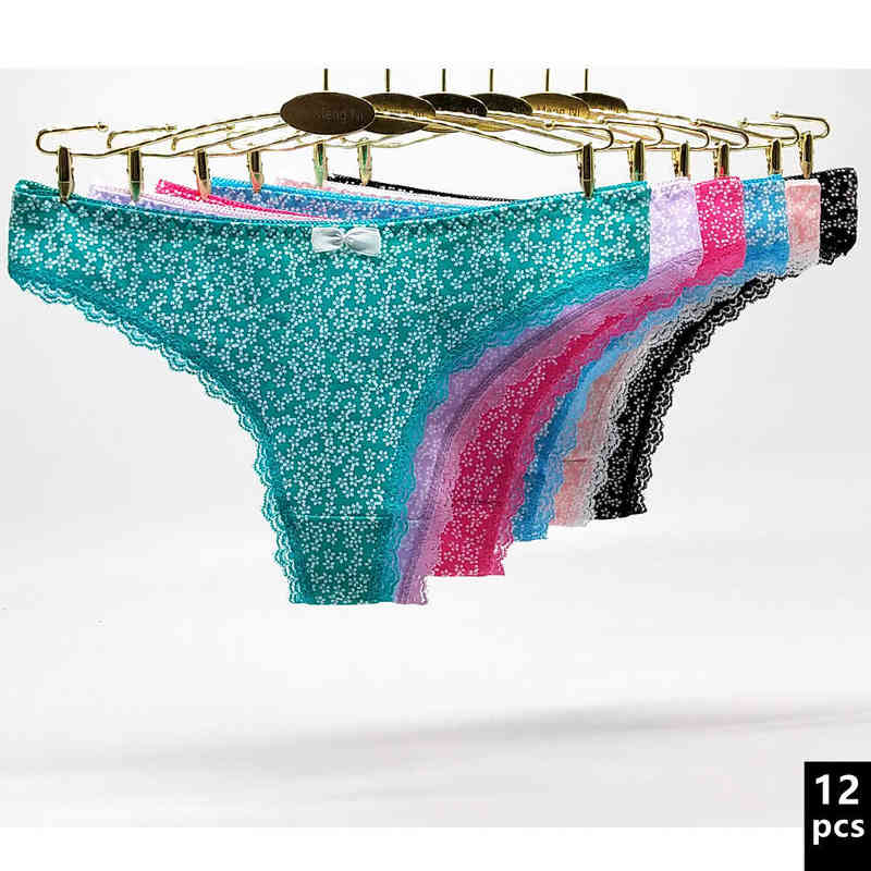 

12pcs Small floral T pants cotton women's sexy lace seamless print Thong stringi mikro sexy lingerie women underwear for ladies T220810, Mixed color