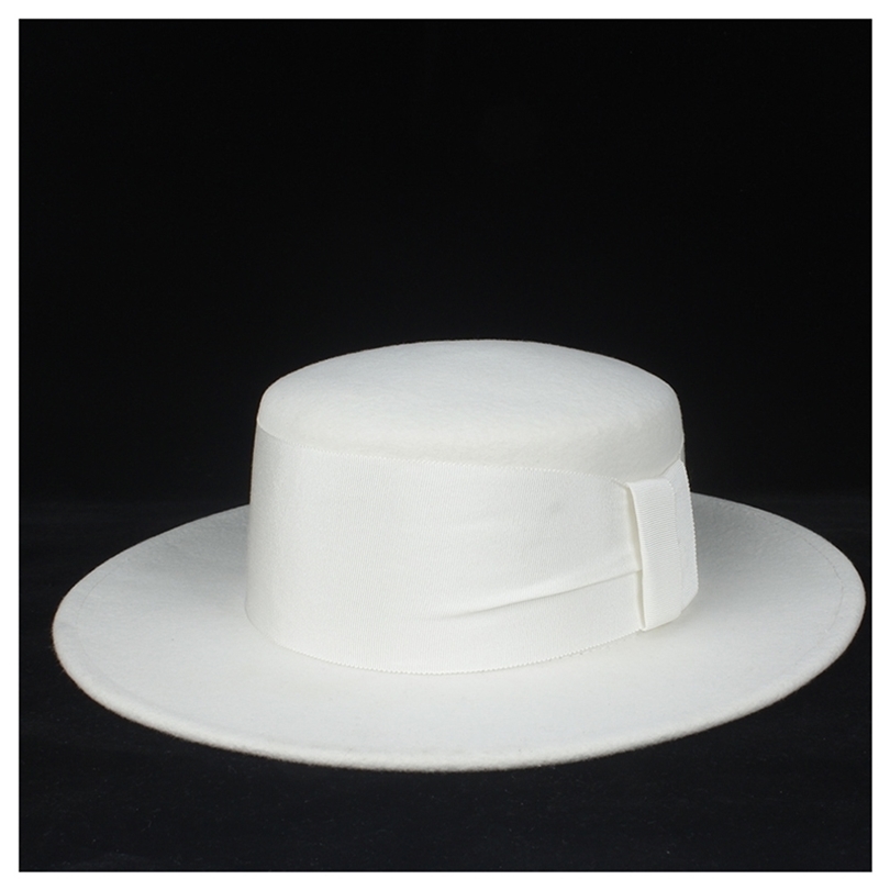 

100% Wool Women White Flat Top Hat With White Ribbon Fedora Hat Wide Brim Church Hat Fascinator Size 56-58CM T200508