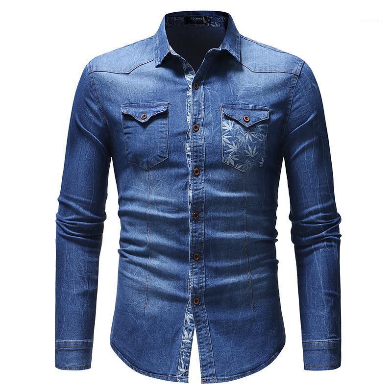 

Denim Shirt Men's Clothing Leaf Print Pocket Decoration Long Sleeve Jeans Men Blouse Blue Casual Shirts, Blue 1809a3302