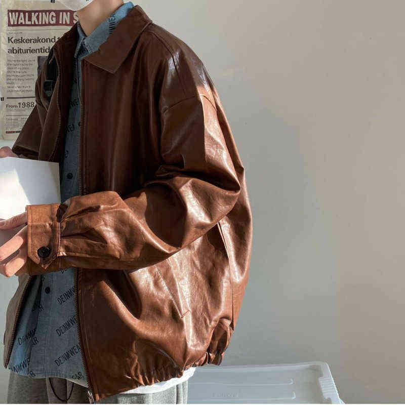 

Privathinker Oversize Men's Leather Jacket Solid Color Korean Style Fashion Male Autumn Coat Streetwear Warm Men's Clothing T220728, Brown