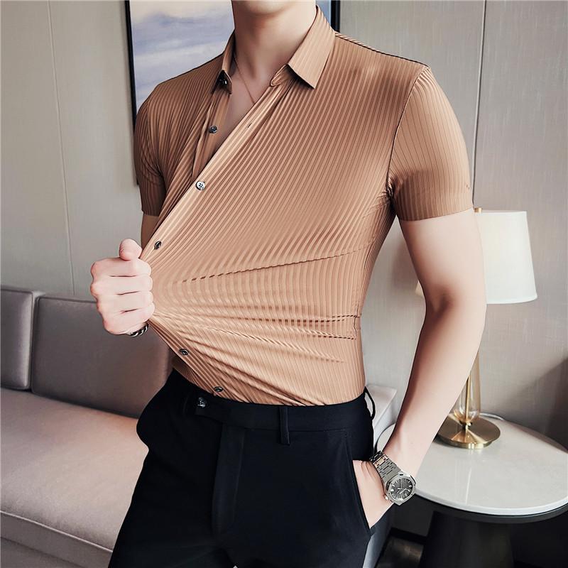 

Men's Casual Shirts Elasticity Seamless For Men Summer Short Sleeve Striped Slim Shirt Business Formal Dress Social Party BlouseMen's, White