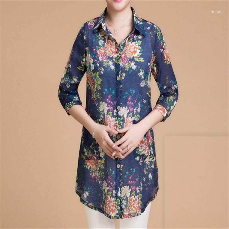 

Women's Blouses & Shirts Summer Blusa Feminina Long Short Sleeved Womens Top Spring Autumn Plussize Chiffon Floral Printed Blouse Thin 5XL