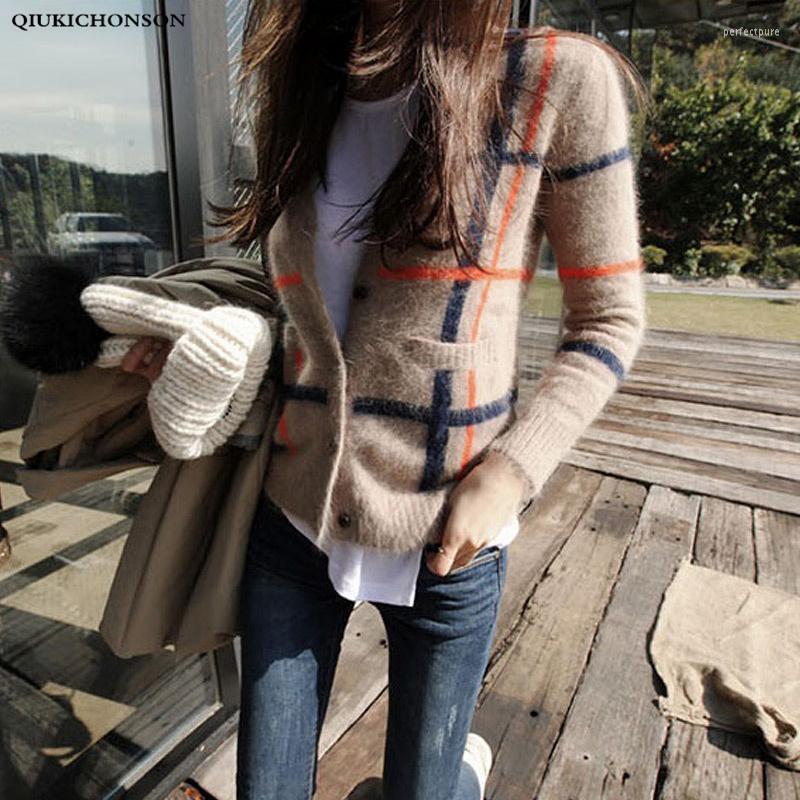 

Women's Knits & Tees Qiukichonson Vintage England Synthetic Mink Cashmere Sweater Women Autumn Winter Warm Fluffy Button Up Cropped Cardigan, Plaid cardigan