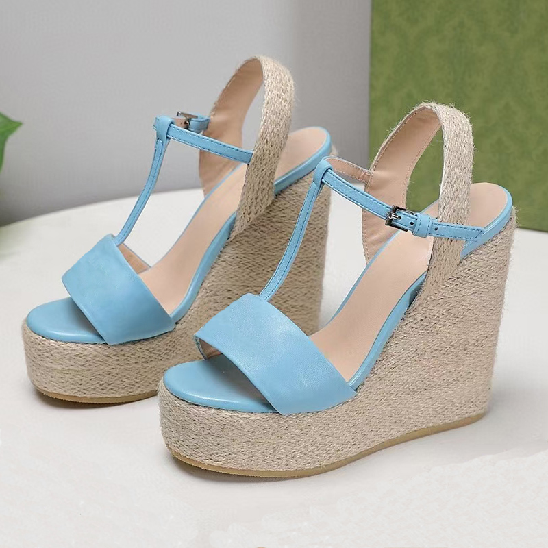 

High heeled sandals for womens quality Genuine Leather Classics Buckle ankle strap shoes Luxury Designers 13CM Slope heel Thick bottom Rome sandal factory footwear, Denim blue