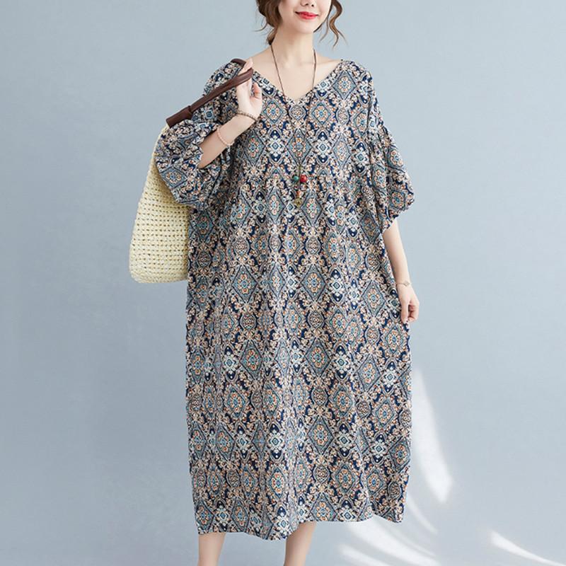

Plus Size Dresses Batwing Sleeve Loose Summer Dress 2022 Arrival V-neck Print Floral Vintage Women Travel Casual Beach, As picture