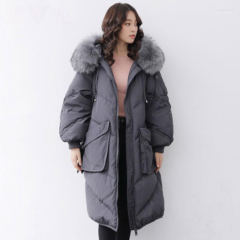 

Women' Down & Parkas Natural Raccoon Fur Collar Hooded Coat Outerwear Women Big Pockets Loose Fit Jacket 2022 Autumn Winter1 Kare22, Black