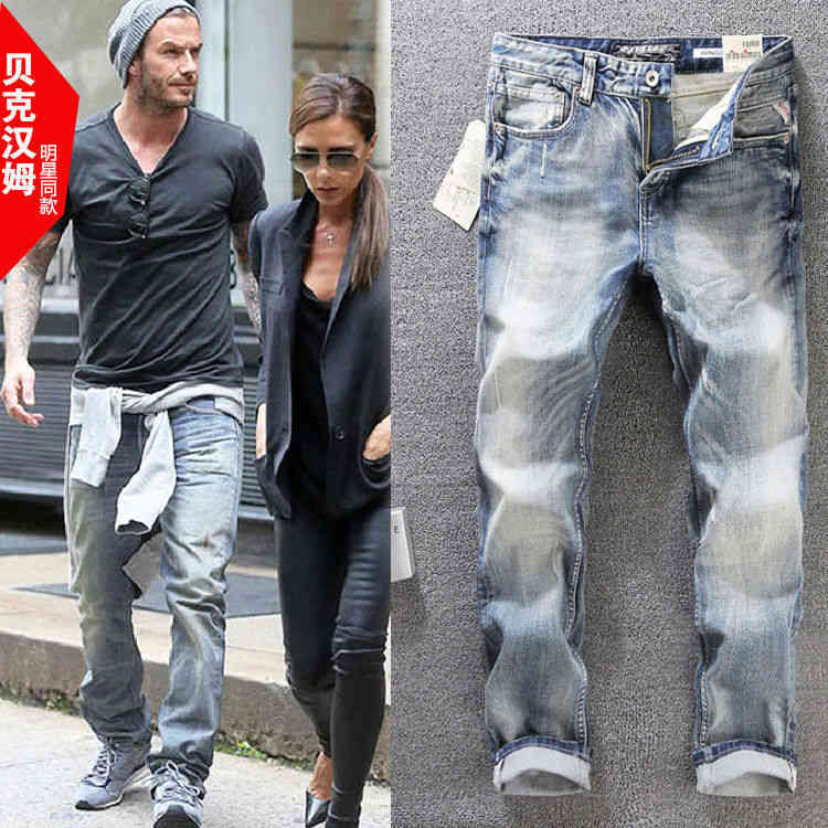 

2022 spring Beckham star with trendy brand light washed jeans, men's slim fit, small feet and American style, Light blue 602