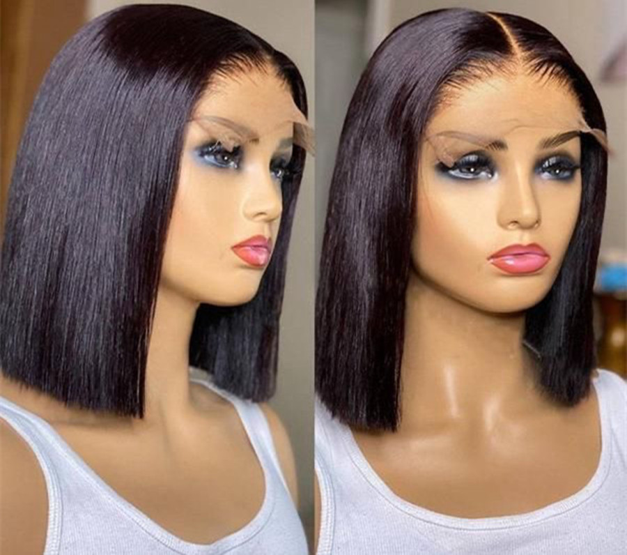 

Invisible knots ShortTransparent Hd Lace front Human Hair Wig 8-14inch Mink Brazilian remy 4x4 Closure frontal bob blunt Wigs For Black Women 150%density, Natural color
