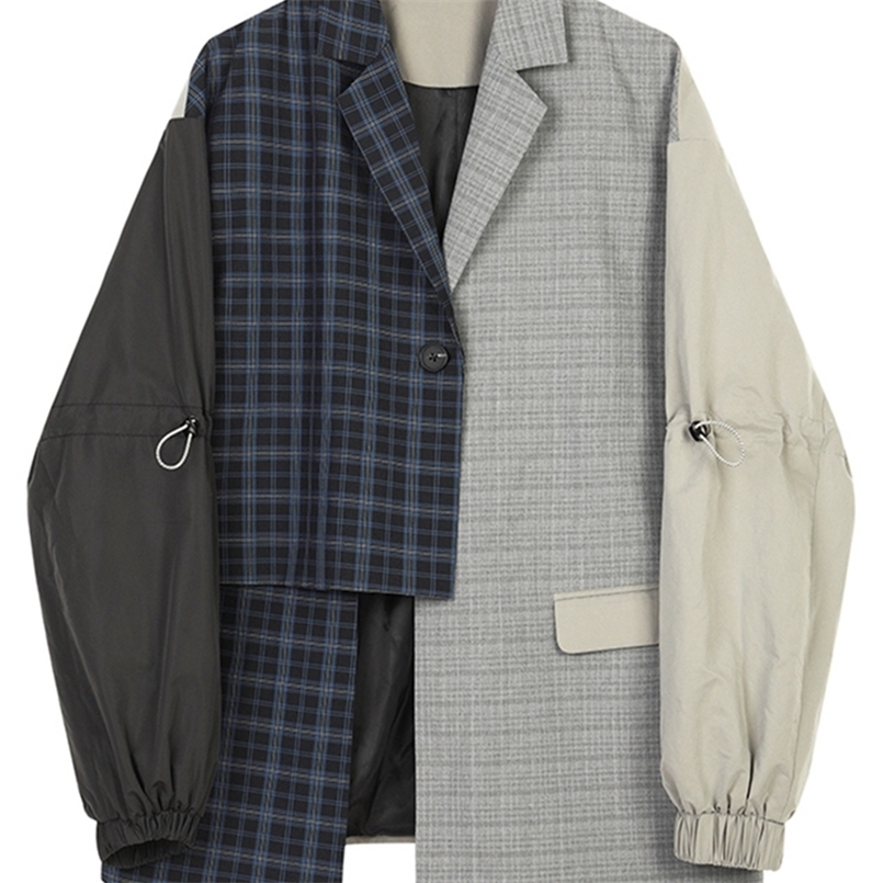 

[EAM] Women Blue Plaid Asymmetrical Big Size Blazer Lapel Long Sleeve Loose Fit Jacket Fashion Spring Autumn 1B4690 220402, Color matching