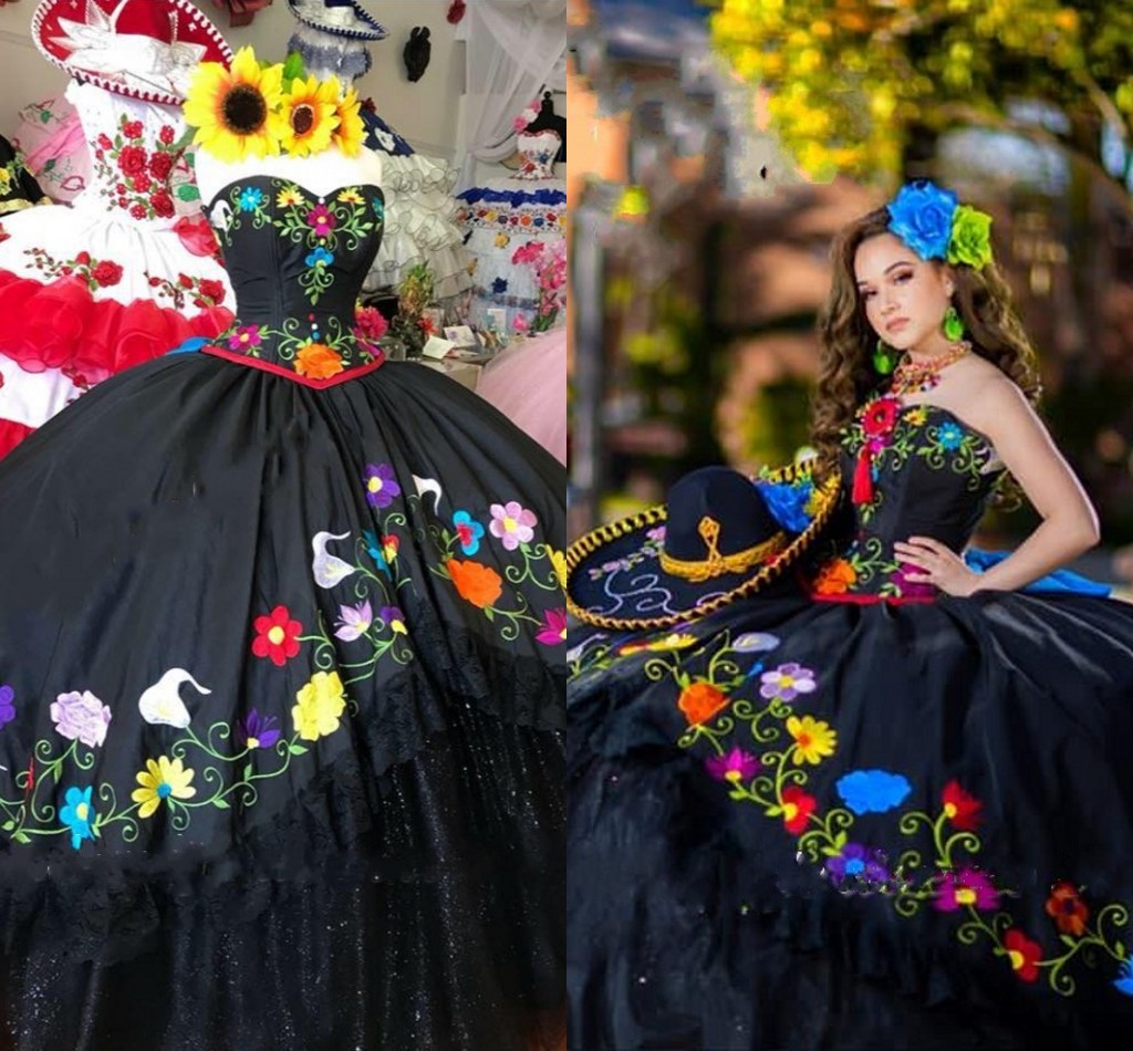 

Black Mexican Style Quinceanera Dresses Charro 2023 Flowers Embroidered Lace Layers Tulle Satin Ball Gowns Off The Shoulder Sweet 15 Dress Party Girls Formal, Light yellow