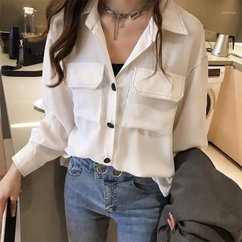 

Women' Spring Autumn Chiffon Shirts Loose Turn-down Collar Pockets Long Sleeve Single Row Multi Button Fashion Tops DF3274 Blouses, Black