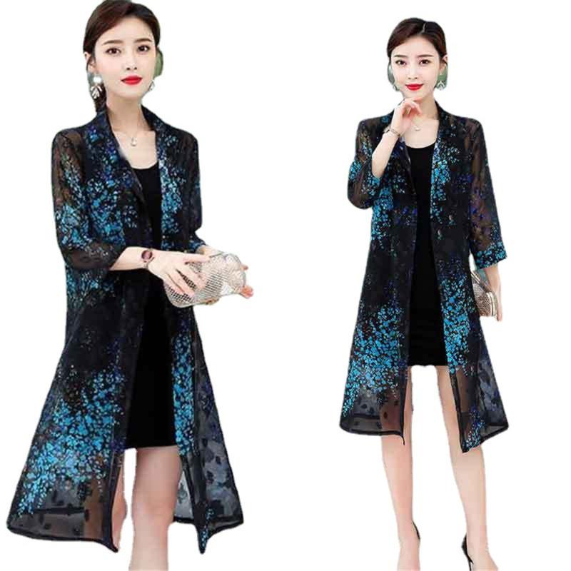 

Women's Blouses & Shirts 2022 Korean Vintage Print Cardigan Women Summer Chiffon Long Shirt Elegant Ladies -3XL Oversized Kimono Female, Blue