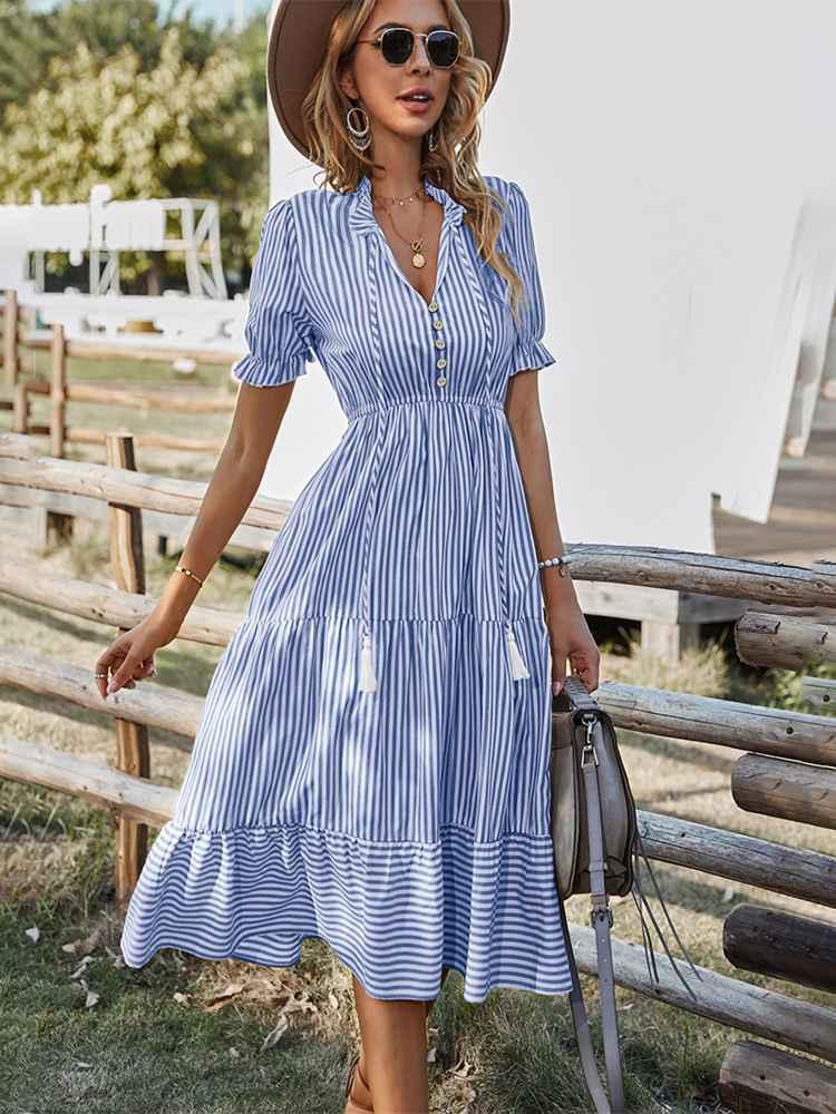 

Party Dresses Striped Long Dress Women Elegant Summer Causal Short Sleeve Tassel Midi Sexy V Neck Button Sundress Robe FemmeParty, Blue