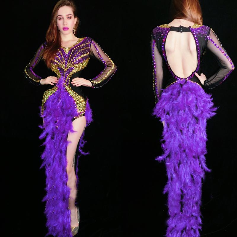 

Stage Wear Purple Gold Rhinestone Feather Backless Long Dress Transparent Sleeve Women Evening Dresses Birthday Celebrate Prom XS2225Stage, 1 pc dress
