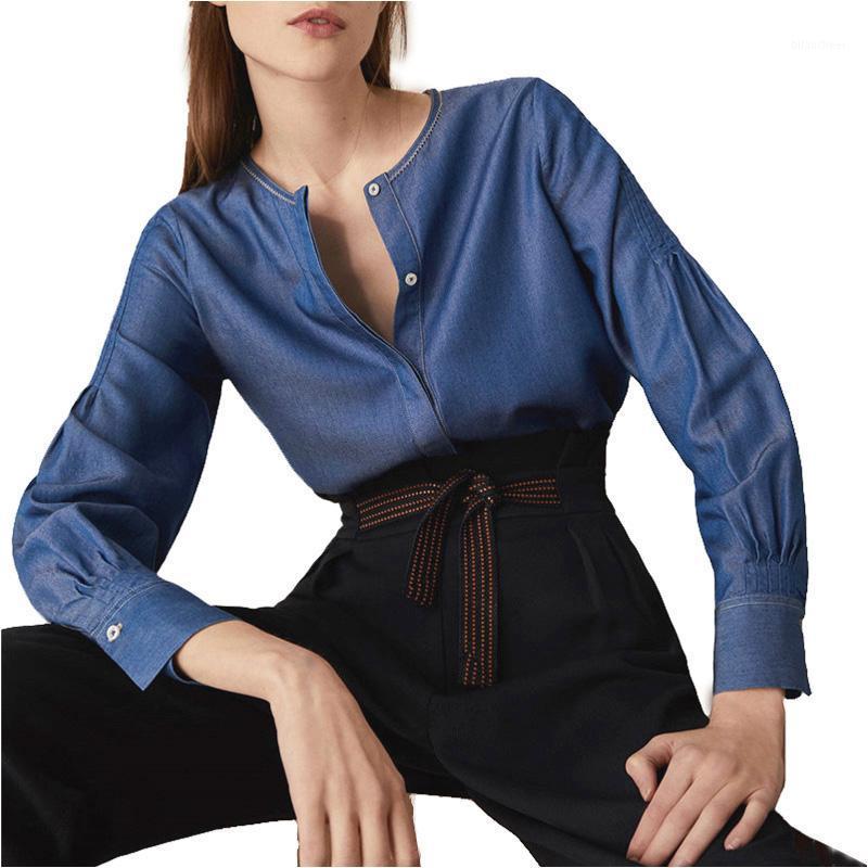

Women's Blouses & Shirts NYMPH 2022 Women Tops Blouse Spring Summer Long-Sleeve Casual Denim Shirt Slim Cotton Jeans Blusas, Blue