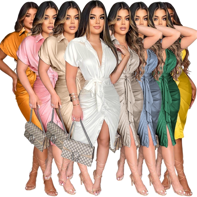 

Summer Shirt Dresses For Women Designer Clothing Slim Silk Short Sleeve Pleated Party Dress Sexy Bandage Satin Button Up Skirt, Gray