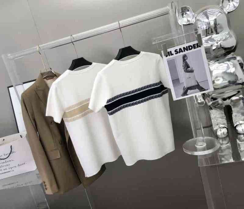 

2022 spring summer striped jacquard knitted half sleeve women's Pullover loose short sleeve, Navy blue