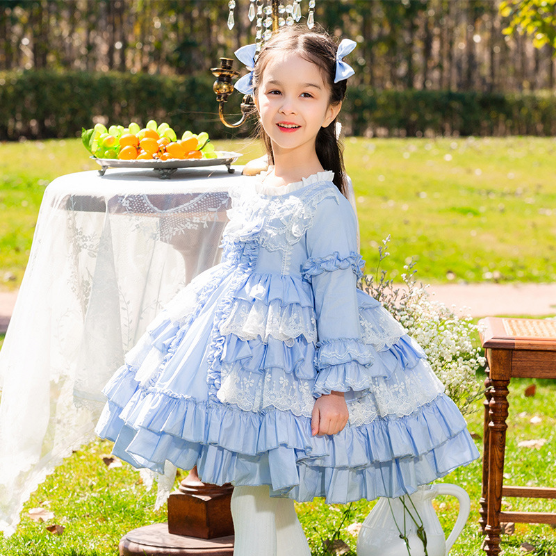 

2022 Spanish Baby Dresses for Spring Children Lolita Dress Girl Birthday Party Ball Gowns Infant Princess Vestidos Boutique 1-8Y, Sky blue