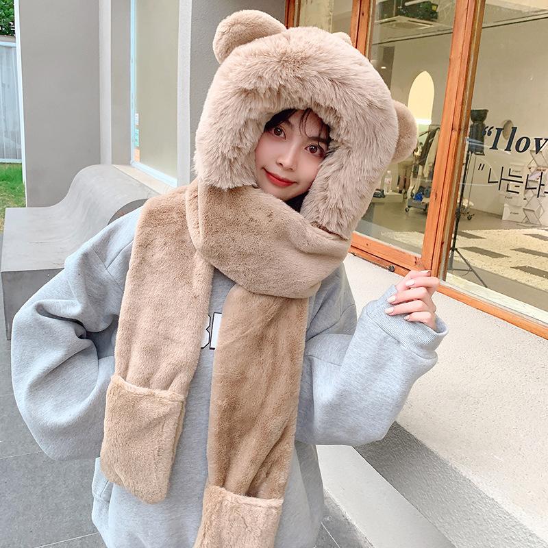 

Berets Autumn Winter Women Hat Scarf Gloves Three Piece Set Sweet Ears Warm Caps Girls Fashion Windproof White Beanies, Beige