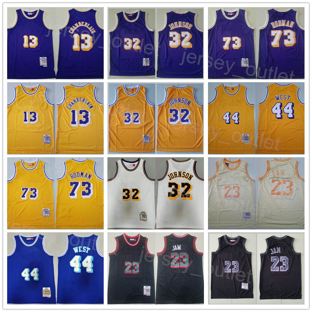

Men Mitchell and Ness Vintage Basketball Jerry West Jersey 44 Retro Dennis Rodman 73 Wilt Chamberlain 13 LeBron James 23 Stitched Black Red White Blue Purple Yellow