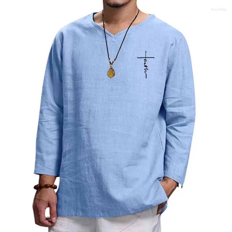 

Men's T-Shirts Summer Est Men Fashion V Neck Linen T Shirts Blouse Mans Clothing Breathable Long Sleeve Casual Loose Male Tees TopsMen's Ble