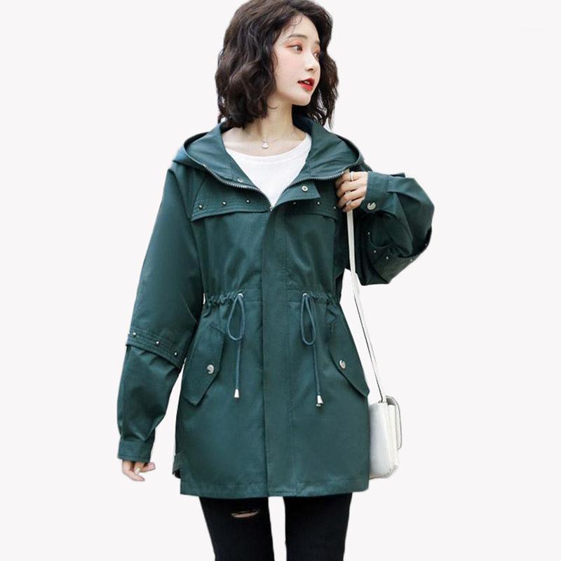 

Women' Trench Coats 2022 Women Coat Spring Autumn Hooded Outerwear Solid Rivet Drawstring Windbreaker Female Large Size Basic AH15, Khaki