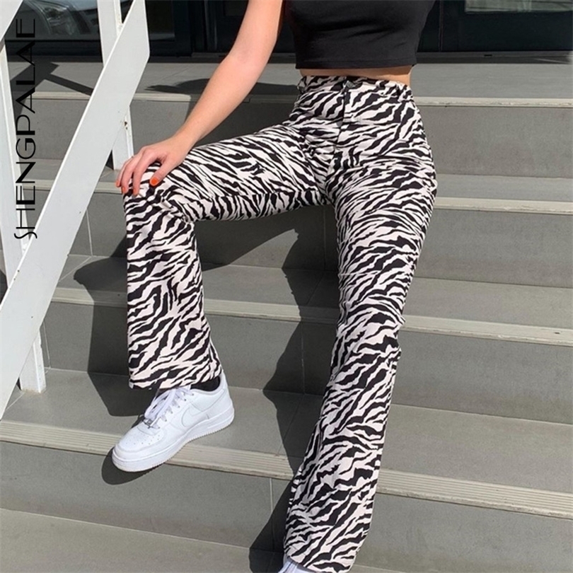 

SHENGPALAE Fashion Spring Zebra Animal Print Wide Leg Pants Women Casual Trousers Sexy High Waist Bell Bottom Pants ZA3070 201112, Black