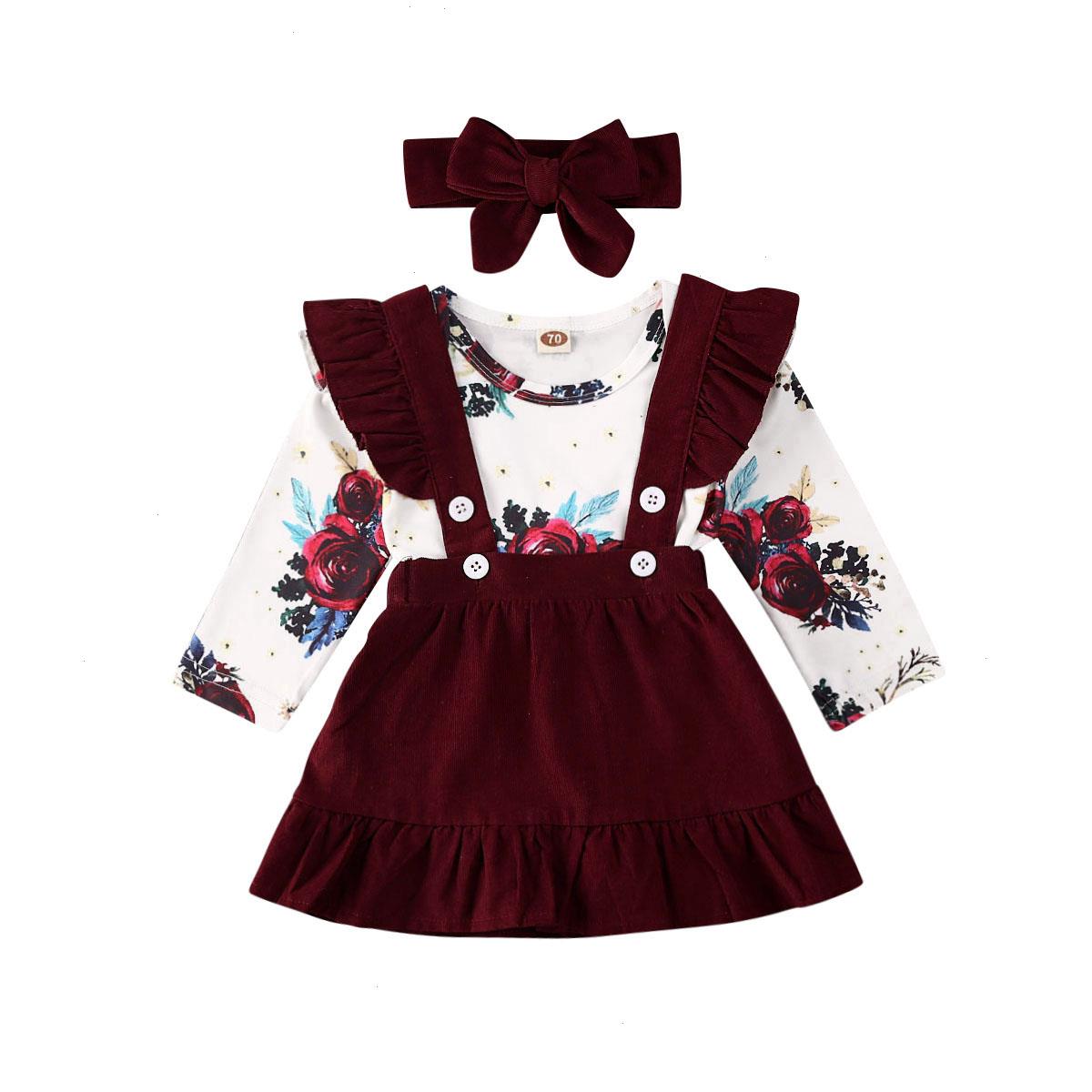 

Spring 3pcs Infant Baby Sets Girl Floral Outfit Clothes Print Romper Strap Skirts Dress Headband Autumn Set, As picture