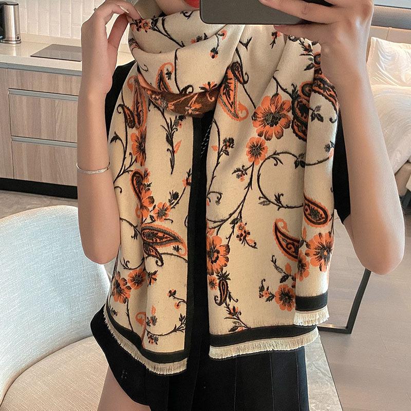 

Berets Autumn And Winter Extended Cashmere Scarf Female Decoration Air-conditioned Room Shawl Wild Jacquard Short Beard Tassel