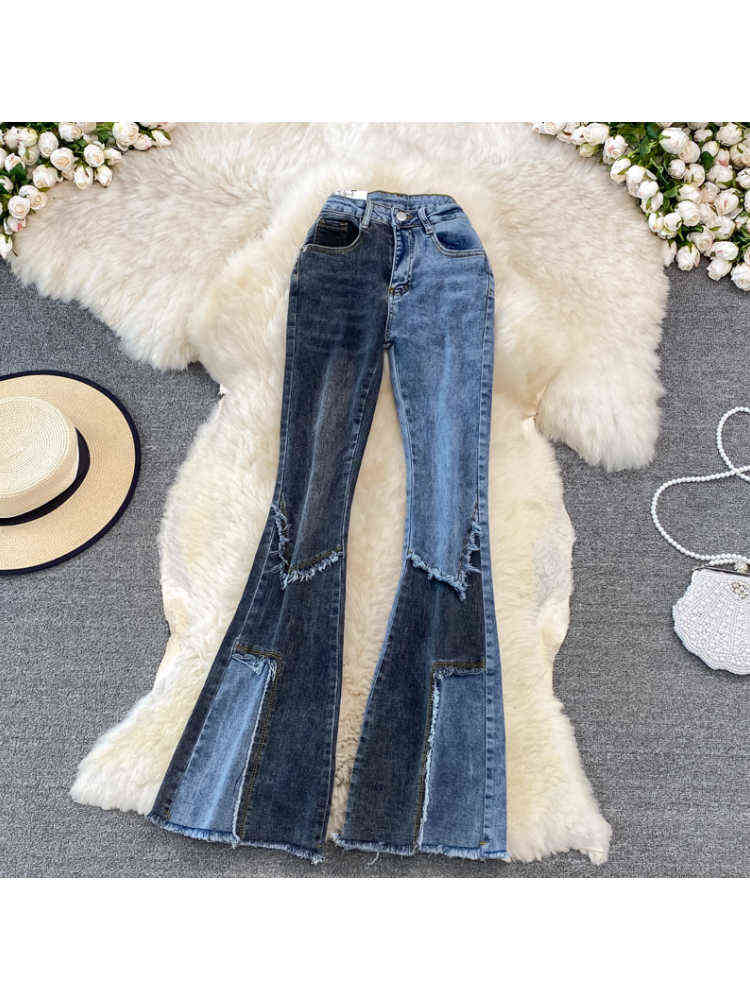 

Color-blocking Flared Jeans Women High-waisted Drape Tight-fitting Mopping Retro Raw Edge Elasticity Slim Denim Trousers Female T220728, Black