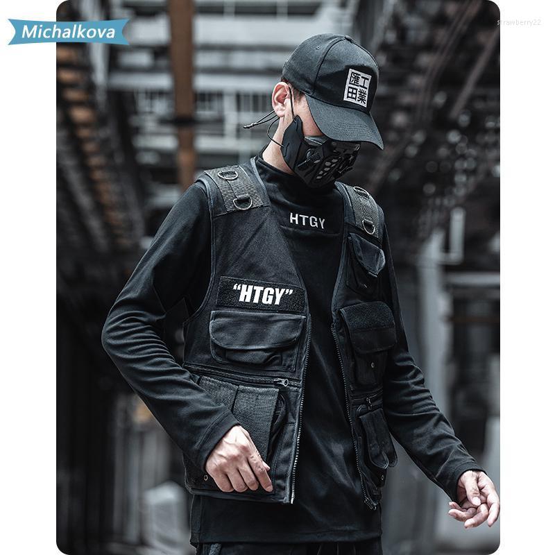 

Men's Vests Pockets Coats Cargo Women/Men's Clothes Vest Military Uniform Hiphop Sleeveless Tops Jacket Streetwear Harajuku Michalkova Stra2, Black