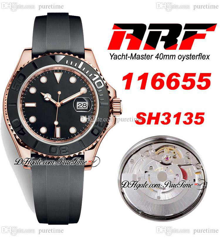

ARF Y-M 40 116655 SH3135 Automatic Mens Watch Rose Gold 3D Ceramic Bezel Black Dial OysterSteel Rubber Strap With Warranty Card Super Edition Puretime B2, Customized enhanced waterproofing servic