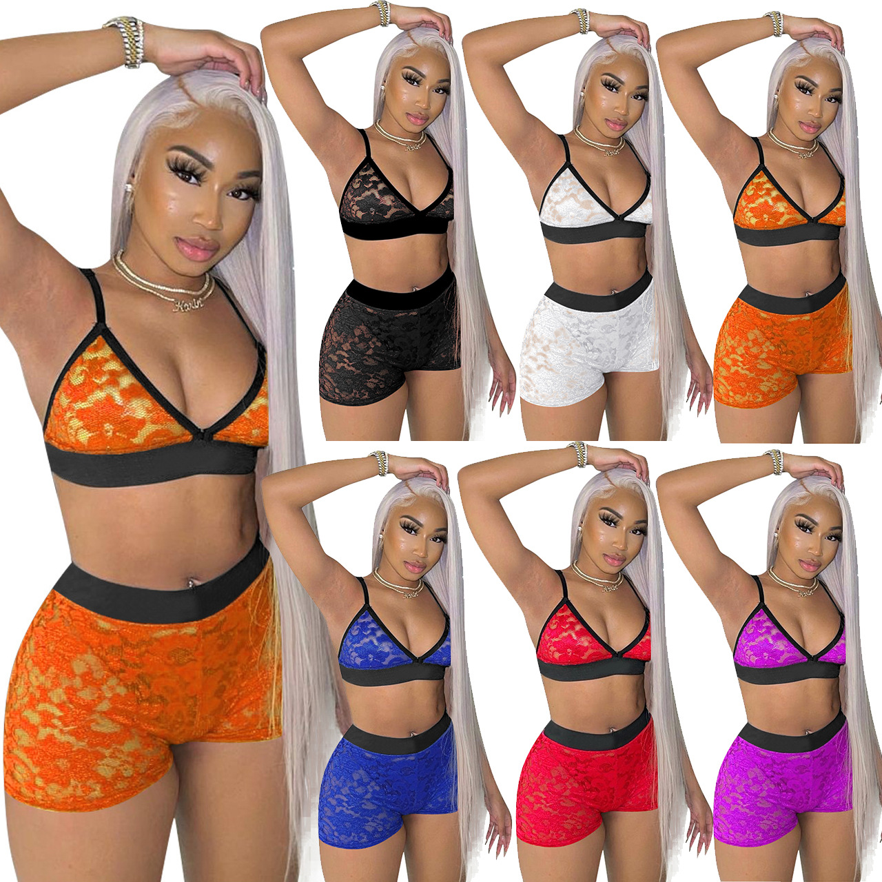 

Women' Tracksuits Floral Lace 2 Piece Set Women Summer Beach Sexy Club Outfits Party Night Crop Top And Shorts SetWome, Black