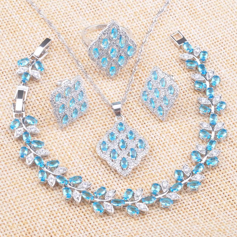 

Earrings & Necklace Silver Color Jewelry Sets For Women Wedding 2022 Luxury Blue Crystal Rings Bracelet Christmas Gifts Z0735Earrings, As pic