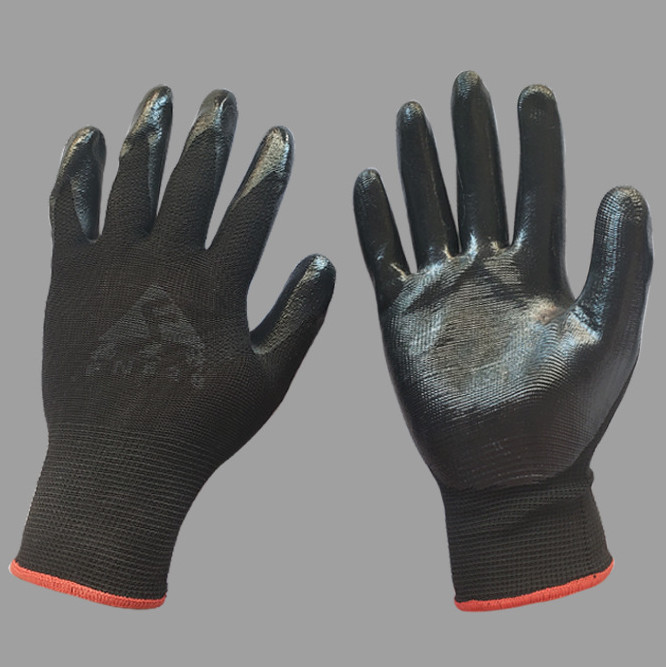

13G Nylon Liner Safety PU Working Gloves Black Nitrile Glove OEM