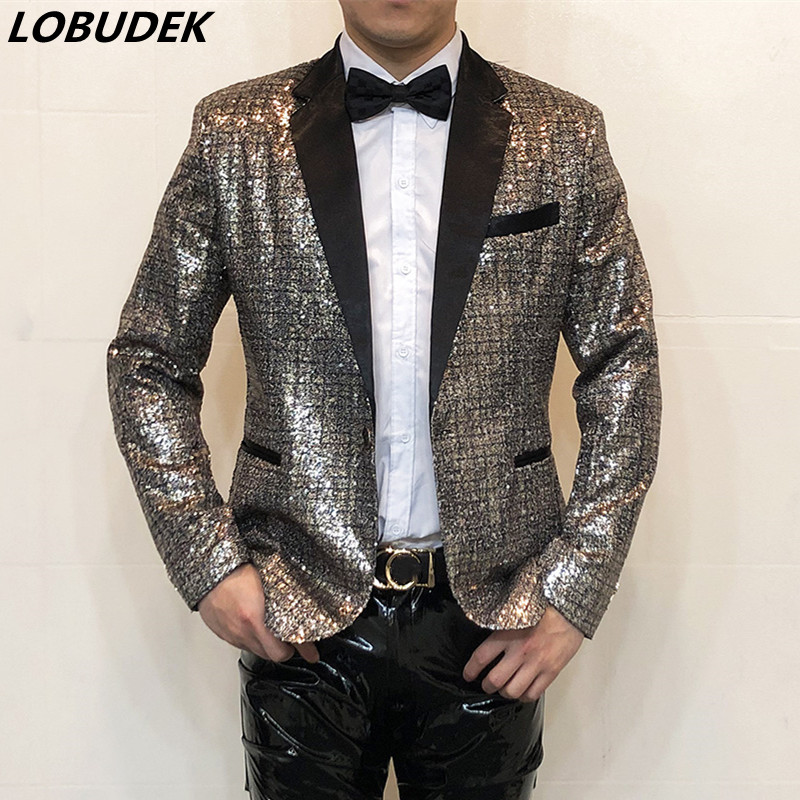 

Men's Gold Sequin Thin Slim Suit Jacket Singer Stage Glitter Casual Blazer Banquet Host Tuxedo Concert Performance Bling Coat Plus Size