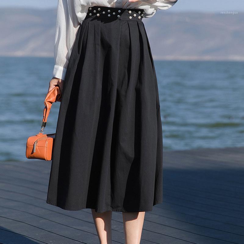 

Skirts Chic Beading High Waist Summer 2022 Solid Color A Line Jupe Femme Loose Casual Office Lady Bottoms 497, White