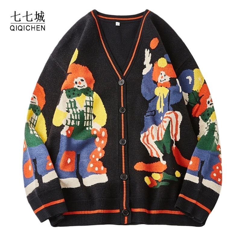 Pull tricoté de Noël Femmes Cardigan surdimensionné Streetwear Pull en tricot Funny Clown Imprimer Coton Hommes Harajuku Manteaux en tricot 22081