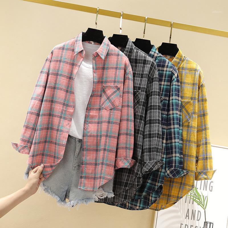 

Fashion Women Plaid Shirt Chic Blouse Long Sleeve Female Casual Vent Vintage Shirts Loose Cotton Tops Blusas De Mujer Women's Blouses &, Pink