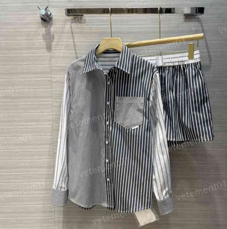 Womens Blouse Tops Luxury Tri-color Stripe Stitching Design Trendy Loose Shirts And Hot Shorts Sets Fashion Stylist Shirts Casual Luxury Women Cl-image-830046288