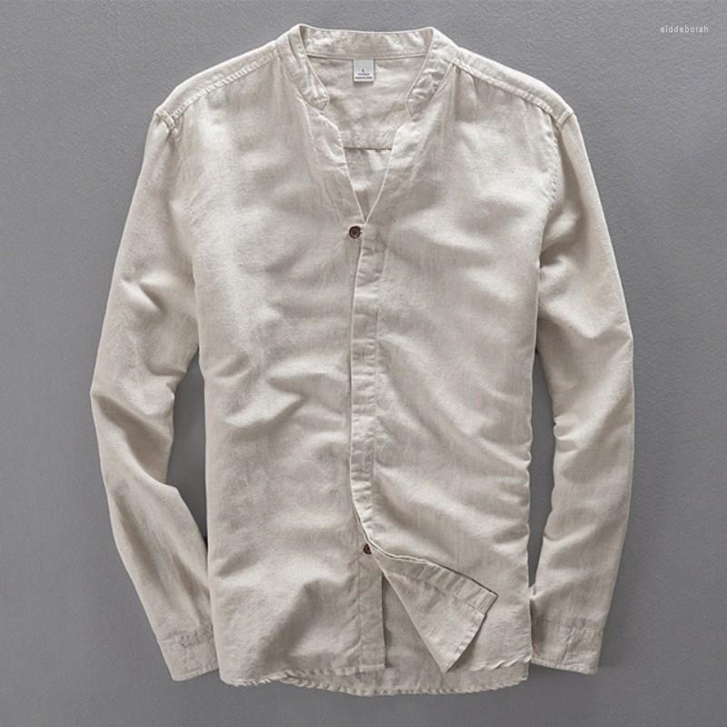 

Men's Casual Shirts Man Summer Linen V-Neck Long Sleeve Fashion Slim Fit Chinese Style Shirt For High Quality Brand ClothingMen's Eldd22