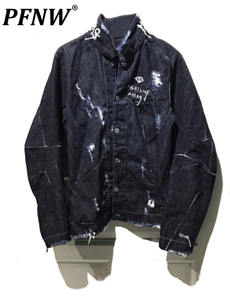 

PFNW niszowy elegancki styl Darkwear oryginalny rcznie malowany haft Slim Cut z dziurami dinsowe kurtki dla mczyzn jesienna, Navy blue