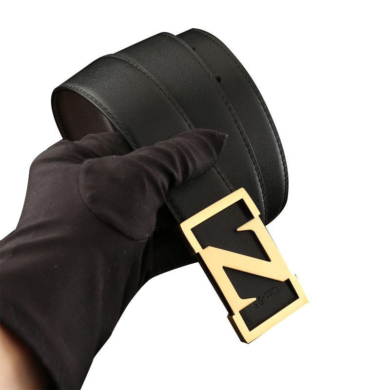 

TopSelling Classic luxury high quality dress belt men 3.8/3.4cm wide pants stainless steel buckle smooth belt men's head leather waistband, Other