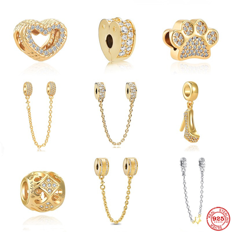 925 Perles de charme en argent en pente à la chaîne de sécurité dorée brillante Perle Péle PAW HAUT THEEL PIle FIT CHARMS BRACK