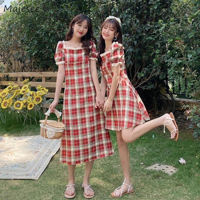 

Party Dresses Short Sleeve Dress Women Square Collar Red Plaid Mini Ruffles Korean Sweet Style Cute Streetwear Vintage Female Stylish Slim, 8844-short
