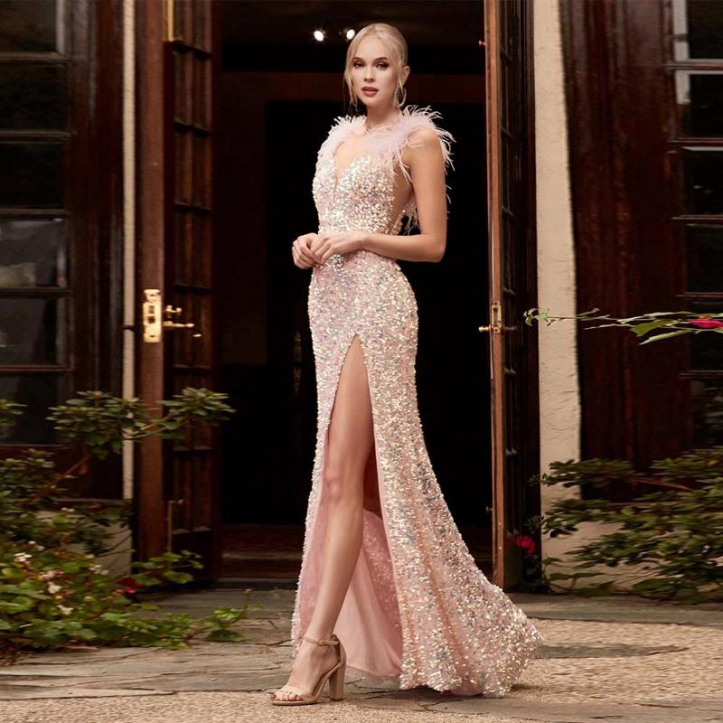 

Party Dresses Sparkling Pink Feathers Sequined Long Slit Prom Mermaid Straps Sleeveless Floor Length Sexy Gown Real PosParty