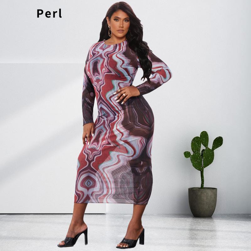 

Plus Size Dresses Perl Round Neck Full Sleeve Maxi Dress Vintage Tie Dye Skirt Casual Outfit Clothes For Women High Street Wear 4XL 5XLPlus, Dark red
