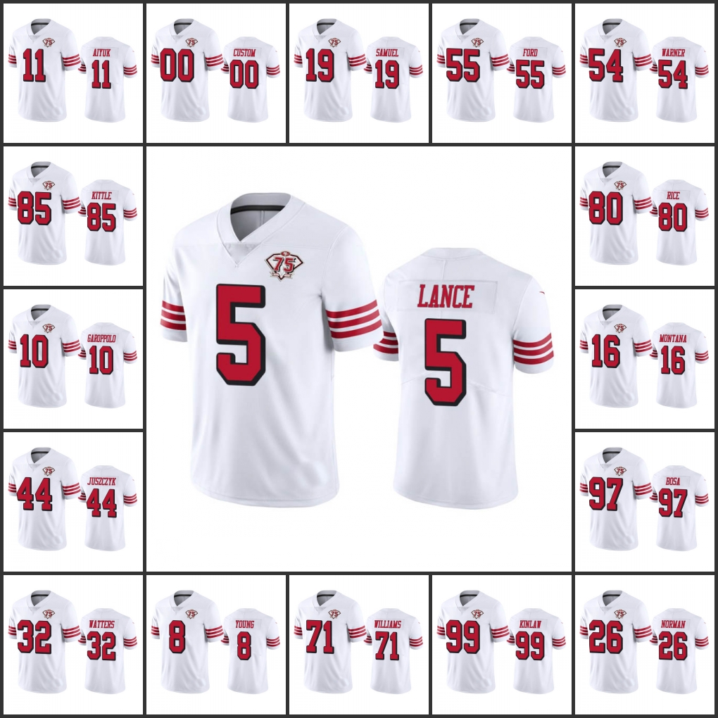 

Jersey Wholesale Custom 75th Throwback San Francisco''49ers''Men #97 Nick Bosa 10 Jimmy Garoppolo 5 Trey Lance 11 Brandon Aiyuk''NFL''Men Women