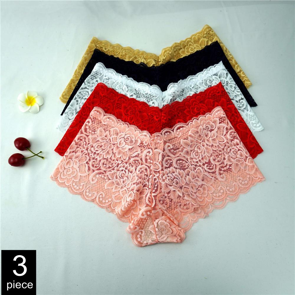 

3 Pcs Lace Boxer Panties Sexy Transparent Underwear Breathable Mid-waist Women Hollow Boyshort Seamless, Red white pink